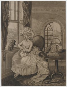 Untitled (ablaknál ülő nő egy kis kutyával kapcsolatban), 1780 körül (mezzotint) alkotó: English School
