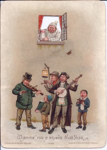 Viktoriánus újévi üdvözlőlap egy hálóinges férfiról, aki egy kancsó vizet akar önteni néhány utcazenészre, 1880 körül (színes litó) alkotó: English School