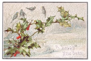 Viktoriánus újévi üdvözlőlap ágakon a hóesésben, 1880 körül (színes litó) alkotó: English School