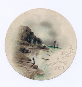 Viktoriánus, körkörös újévi kártya tengeri tájképről két jachttal egy holdfényes éjszakán, 1880 körül (színes litó) alkotó: English School