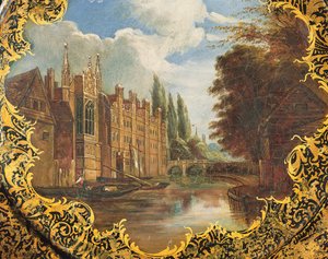 Viktoriánus tányér, amely a cambridge-i St. Johns College, a Third Court és a híd jelenetével díszített (papírmasé) alkotó: English School