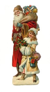 Viktoriánus papírhulladék-dombormű ajándékokat hordozó Mikulásról, 1880 körül alkotó: English School