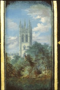 Viktoriánus varrószekrény panel, az oxfordi Magdalen College jelenetével díszítve (papírmasé) alkotó: English School