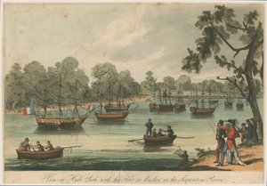 Kilátás a Hyde Parkban a flottával a Serpentine folyón horgonyzónál. Naumachia. 1814-es béke alkotó: English School