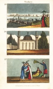 Konstantinápoly (Isztambul) látványa a 19. század elején 25, muszlim mecset kupolával és minaretekkel 26, valamint egymás szemén csókolózó fiatal görög nők 27 alkotó: English School