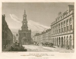 Kilátás a The Strandre, beleértve a Somerset House északi frontját és a St Mary-Le-Strand templomot, Westminster, London alkotó: English School