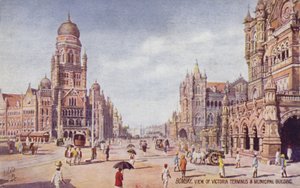 A Victoria Terminus és a városi épület látképe, Bombay (színes lithó) alkotó: English School
