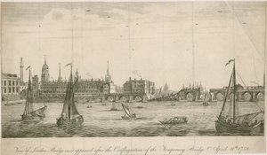 Kilátás a régi London Bridge-re, ahogy az 1758-as tűzvész után megjelent alkotó: English School