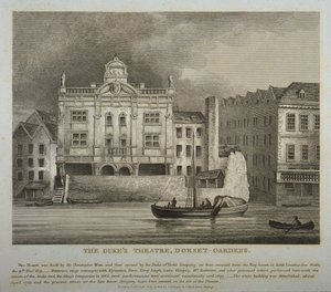 Kilátás a Dukes Színházra, Dorset Gardens, a Temze felől, 1814 alkotó: English School