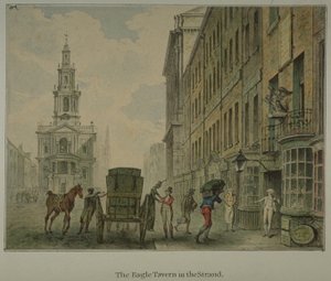 Kilátás az Eagle Tavernre a Westminster-i Strandben, egy férfival, aki árut rak ki lovaskocsiról az úton, és St Mary le Stranddal a távolban, 1800 körül (akvarell, papír) alkotó: English School