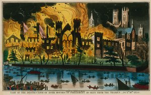 A Parlament mindkét házának lerombolásának képe, a Temze felől nézve, 1834. október 16. alkotó: English School