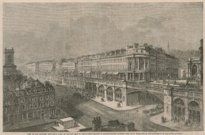 Kilátás a javasolt magas szintű útra vagy viaduktra a St Sepulchres templomtól a Hatton Gardensig alkotó: English School