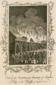 Kilátás az 1758. április 11-én éjszaka lángokban álló londoni ideiglenes hídra alkotó: English School