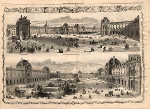 Kilátás a Cour Carree du Louvre-ra Párizsban. Metszet az 1857. augusztus 15-i „The illustrated London News”-ban. alkotó: English School