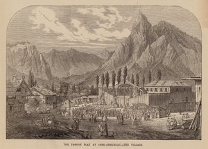 Oberammergau falu, Bajorország, az évente megrendezett passiójáték helyszíne (metszet) alkotó: English School