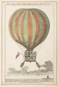 Vincent Lunardi a levegőben a Moorfieldsből való felemelkedése után, 1784. szeptember (színes metszet) alkotó: English School