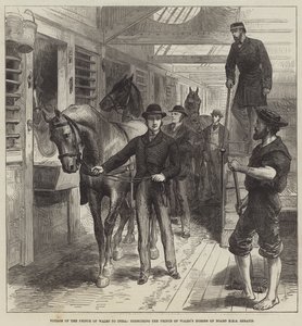 A walesi herceg útja Indiába, a walesi herceg lovainak gyakorlatozása a HMS Serapis fedélzetén (metszet) alkotó: English School