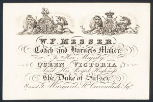 W F Messer, edző és hámgyártó őfelségének Viktória királynőnek és Sussex hercegének, kártya alkotó: English School