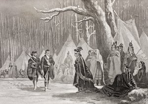 Washington és Gist meglátogatja Alliquippa indiai királynőt, az 1880 körül megjelent „Történelmi arcképek galériájából” alkotó: English School