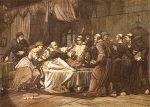 Wicliffe a halálos ágyán, a Friars megtámadta, T. Bolton vésette alkotó: English School