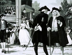 William Hogarth sétát tesz a Vauxhall Gardensben (guache papíron) alkotó: English School
