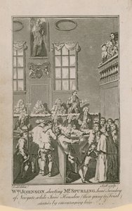 William Johnson lelövi Mr. Spurlinget, a Newgate Kulcsrakész fejét, míg Jane Housden (akkor bíróság elé áll) bátorítja őt. alkotó: English School