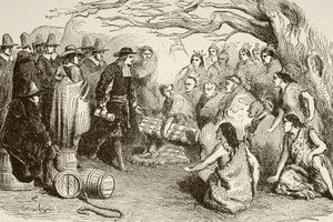 William Penn makes a treaty with the Delaware or Lenape Indians in 1682 (litho) alkotó: English School