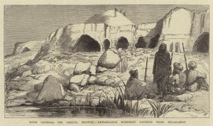 Sir Samuel Browne tábornokkal, figyelemre méltó buddhista barlangok Jellalabad közelében (metszet) alkotó: English School