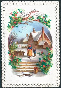 Nő és fiú séta a hóban, karácsonyi kártya alkotó: English School