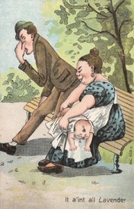 Kisbabát cserélő nő a parkban (színes litó) alkotó: English School