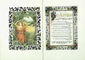 Nő a szüreti kosárral (verso) és megvilágított kézirattal „Őszig” versekkel (recto) és díszítő szegélyekkel alkotó: English School