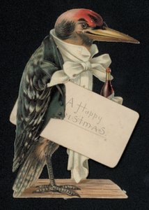 Pincérnek vagy inasnak öltözött harkály, karácsonyi üdvözlőlap (chromolitho) alkotó: English School