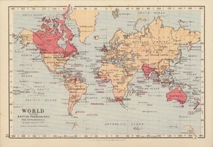 A világ, amely a brit birtokokat és függőségeket mutatja (színes litográfia) alkotó: English School