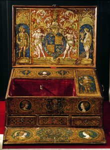 Íródoboz vagy asztali asztal, valószínűleg Lucas Hornebolte (kb. 1492-1544) 1525-27 körül (dió és tölgy festett és aranyozott bőrrel) alkotó: English School