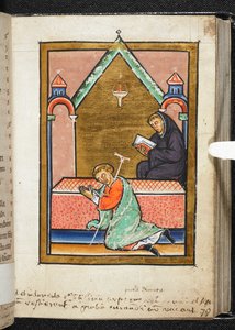 Yates Thompson Ms 26, f.79 r Béna imádkozik Szent Cuthbert sírjánál, illusztráció a „Bede, Cuthbert prózai élete” című könyvből (vellum) alkotó: English School
