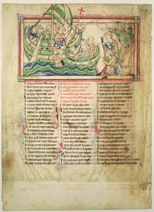 f.4v Thomas a Becket leszáll Sandwichben és megáldja a vizet a Becket Leavesből, 1220-40 körül alkotó: English School