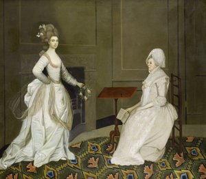 Két hölgy egy belső térben, az egyik olvas, a másik kezében virágfüzér alkotó: English School, 18th Century