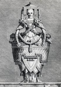 Antropomorf váza, görög menyasszony, Ennemond-Alexandre Petitot (1727-1801) metszete a Masquerade la Grecque-ből, Suite des Vases and Cheminees, Parma alkotó: Ennemond Alexandre (after) Petitot
