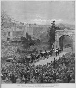 Temetési körmenet Charles Haddon Spurgeon angol baptista prédikátor holttestével, megérkezve a londoni Norwood temető kapujához