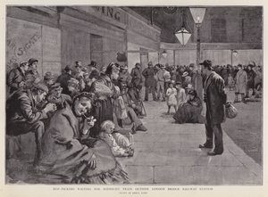 Komlószedők várakoznak a London Bridge állomáson kívül az éjféli vonatra Kentbe (litho) alkotó: Enoch Ward