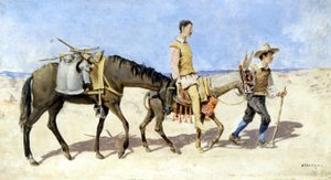 Don Quijote és Sancho Pança. Atalaya festménye. század vége. alkotó: Enrique Atalaya