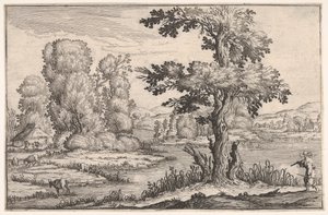 Táj folyó mellett legelésző kecskékkel, jobb előtérben egy alakkal, egy ser...-ből, 1638.