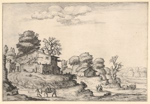 Táj parasztlakásokkal és egy lovat vezető férfival a bal előtérben, egy ..., 1638-ból.