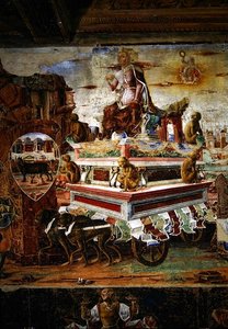 Maia szekerének részlete, szeptemberből: Vulkán diadala, A hónapok szobájából, 1467-70 alkotó: Ercole de Roberti