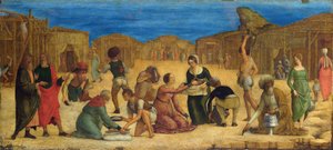 "" La recolte de la manne dans le desert du Sinai "" - De Ercole Roberti (Ercole Ferrarese) (1450-1496 körül) Az izraeliták Manna Temperát gyűjtenek vászonra, 1490-es évek Nemzeti Galériája, London 28,9x63,5