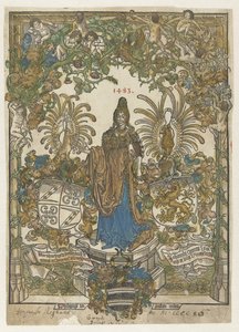 Homlokzatok nővel a talapzaton, fegyverekkel Bernhard von Breydenbach és Johannes Keretben jön