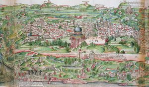 Jeruzsálem városának térképe Bernhard von Breydenbach (1440-97) „Zarándoklat a Szentföldön” című művéből