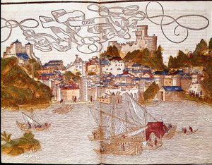 Korfu kikötője (Korfu) Görögországban Az oldal a „Peregrinatio in terram sanctam” útikönyvből származik, Bernard of Breydenbach (Breidenbach) (1454-1497) szentföldi zarándoklata után Erhard Reuwich metszeteivel illusztrálva
