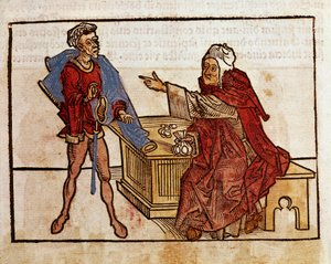 Tranzakció egy zsidó és egy kölcsöncápa között A „peregrinatio in terram sanctam” útikönyvből vett oldal Bernard de Breydenbach (Breidenbach) (1454-1497) szentföldi zarándoklata után Erhard Reuwich metszeteivel illusztrálva
