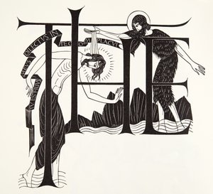 Keresztelő János Jézus megkeresztelkedése a négy evangéliumból alkotó: Eric Gill